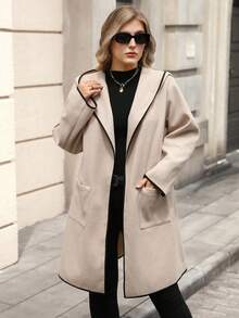 Juhart 大码女式纯色撞色条纹连帽开襟双口袋长袖中长款休闲优雅百搭外套 - 杏色 - 查看 3