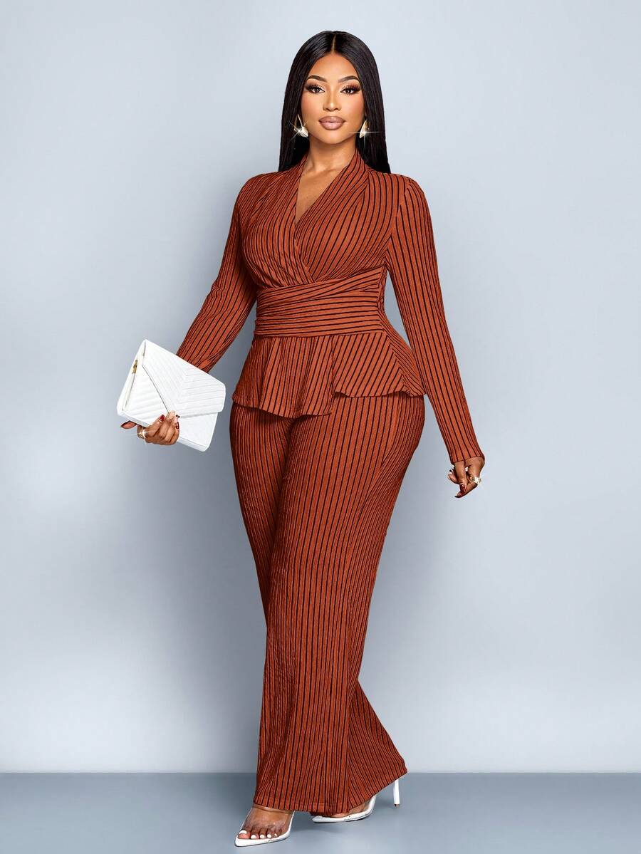 SOLERSUN 大码女装秋冬优雅条纹V领长袖T恤和阔腿裤两件套，不对称下摆两件套，休闲日常穿着，女装冬装女装秋装，包裹性，扭纹，腰带，黑白条纹提花纹理面料，日常穿着，通勤，购物 - 棕色 - 查看 1