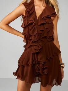 MISSGUIDED Chiffon Ruffle Mini Dress With Plunge V-Neck For Party Evening Occasions - Brown - View 4