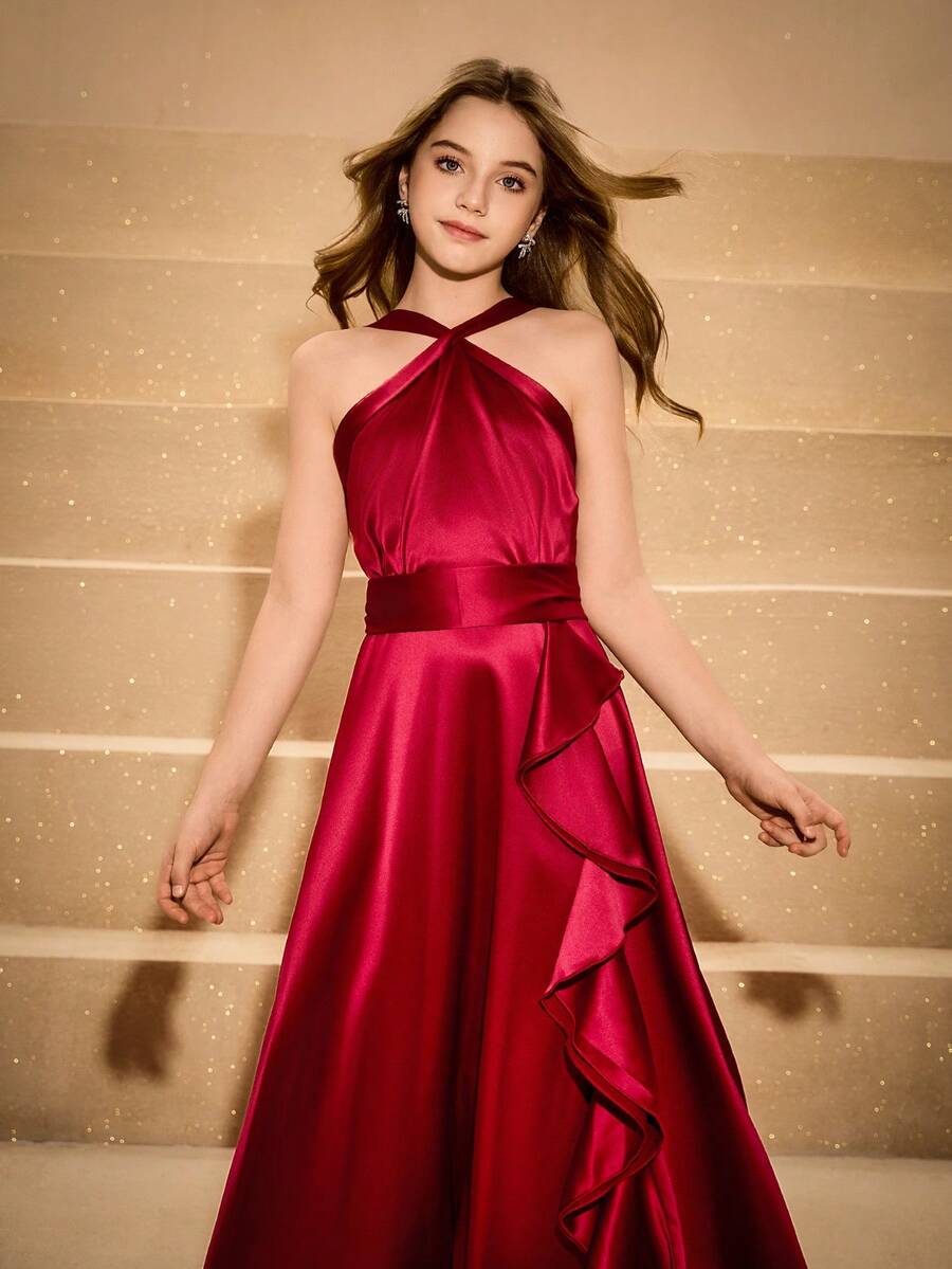 少女优雅奢华圣诞酒红色露背修身长裙，适合圣诞节、万圣节、毕业典礼、返校、正式场合、派对、婚礼、花童、度假等 - 酒紅色 - 查看 1