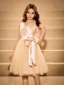 Girls' Elegant Luxurious Champagne V-Neck 3D Bow Mesh Midi Dress, Suitable For Evening Party, Wedding, Christmas, Halloween, Back To School, Graduation, Birthday, Performance And Other Occasions - Champagne - View 7