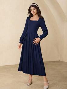 Elegante abito lungo plissettato in stile minimalista con colletto quadrato, spalle dritte, maniche lunghe e vita alta, adatto per il ritorno a scuola, il Natale, tutte le stagioni, occasioni formali, balli di fine anno, eventi di Ognissanti - Blu Navy - Visualizzare 7