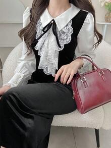 FRIFUL 女士常规领修身蕾丝荷叶边天鹅绒连衣裙 - 黑色 - 查看 8