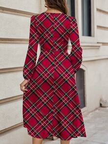 SHEIN Clasi Red Plaid Print Casual Dress, Suitable For Daily Wear And Christmas - Multicolor - View 2