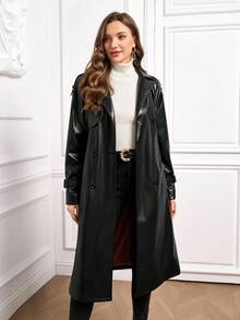 Ellevyn Women's Thermal Lined PU Leather Long Trench Coat, Autumn/Winter,Fall,Fall Clothes For Women - Black - View 3