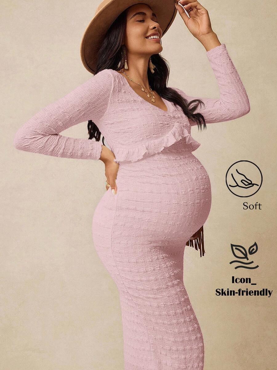 Boho Mama 孕妇时尚V领长袖度假紧身连衣裙 - 淺粉色 - 查看 1