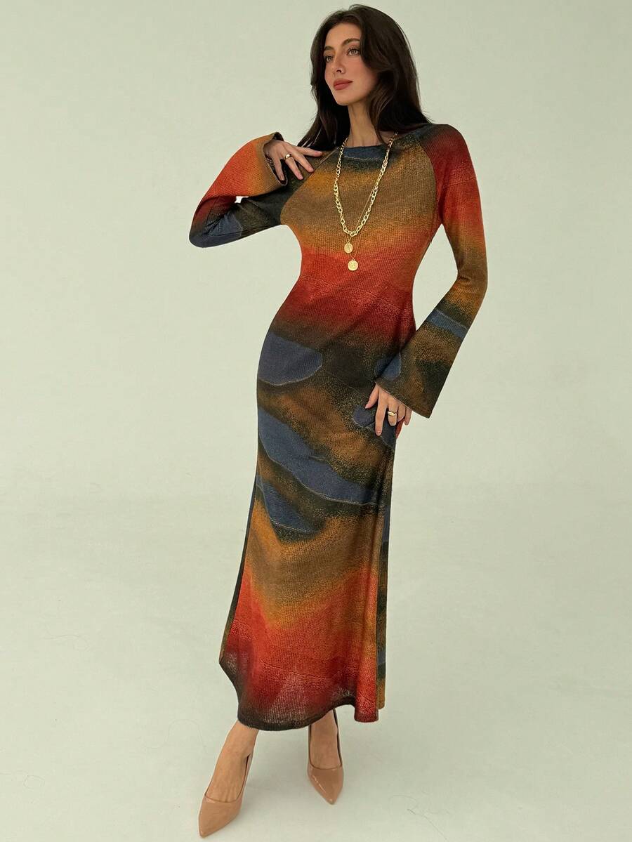 Aloruh Women's Elegant Ombre Flare Sleeve Fitted Mermaid Hem Dress, Vacation Style, Spring/Autumn - Multicolor - View 1