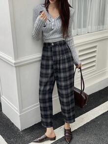 DAZY Quần nữ mùa thu/đông, cạp cài nút, kẻ caro, ống côn, kiểu dáng thường ngày, lót giữ nhiệt. - Màu xanh hải quân - Xem 4