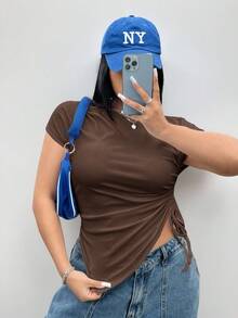 Coolane Women's Basic Plus Size Casual Asymmetric Pleated Short Brown Tee - Brown - View 4