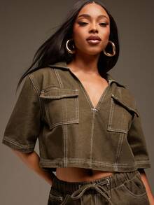 Denimoi Flap Pocket Casual Boxy Cropped Denim Top In Abstract Pattern