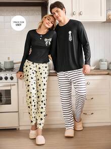 CoupledUp Striped Casual Long Sleeve Top & Pants Men Pajama Set Fall Winter Clothes - Black - View 1