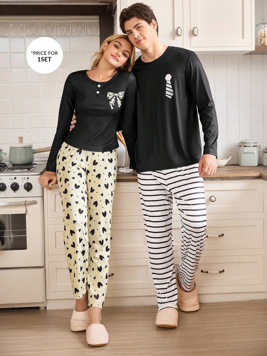 CoupledUp Striped Casual Long Sleeve Top & Pants Men Pajama Set Fall Winter Clothes - Black - View 1
