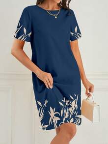 EMERY ROSE Women Retro Casual Round Neck Short Sleeve Summer Dress - Navy Blue - View 3