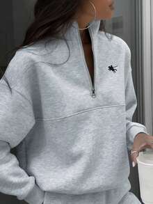 INAWLY Setelan 2 Potong Wanita Kasual Motif Ksatria, Jaket dan Celana Resleting, Musim Gugur - Grey - View 5