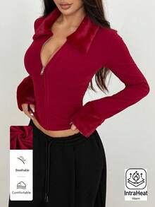 Flirla 1 件女士红色仿皮草夹克，兔毛拼布，针织面料，拉链开合，休闲/日常通勤装，秋冬 - 酒紅色 - 查看 4