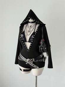 Sunspun Fashionable Punk Rivet Webbing Hooded Long Sleeve Mini Jumpsuit - Black - View 3