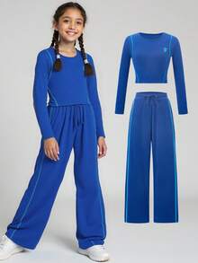 JNSQ Tween Girl Clothes, Girl Outfit Sets, Children Autumn/Winter Sports Wear, Autumn/Winter Girls Fitted Asymmetrical T-Shirt Top Paired With Loose Straight Long Two Pieces Set, Suitable For Autumn, Winter Daily Wear, Outdoor Activities, Vacation, Street Style, Party And Leisure Fall