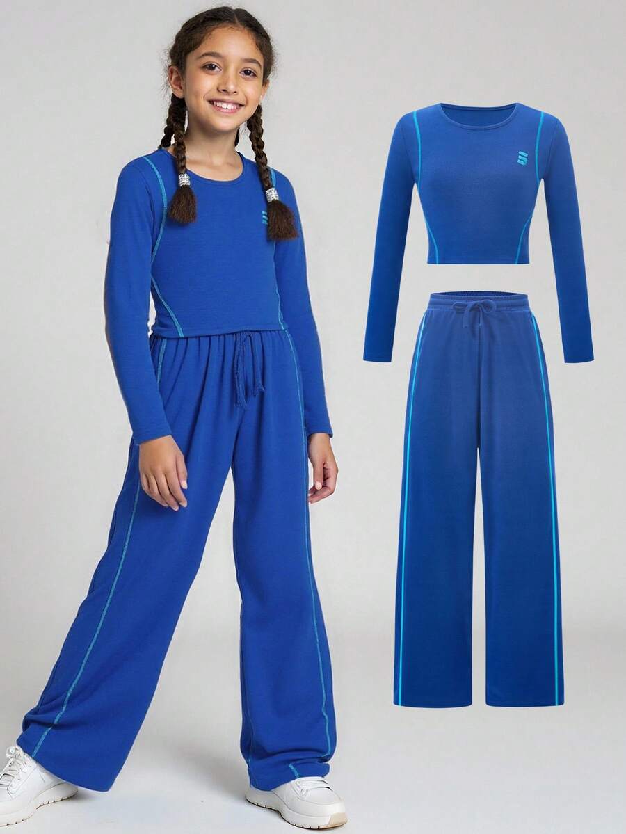 JNSQ Tween Girl Clothes, Girl Outfit Sets, Children Autumn/Winter Sports Wear, Autumn/Winter Girls Fitted Asymmetrical T-Shirt Top Paired With Loose Straight Long Two Pieces Set, Suitable For Autumn, Winter Daily Wear, Outdoor Activities, Vacation, Street Style, Party And Leisure Fall