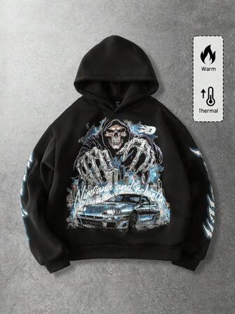 Street Life Sudadera con capucha de corte holgado con estampado gráfico para hombre, estilo callejero retro