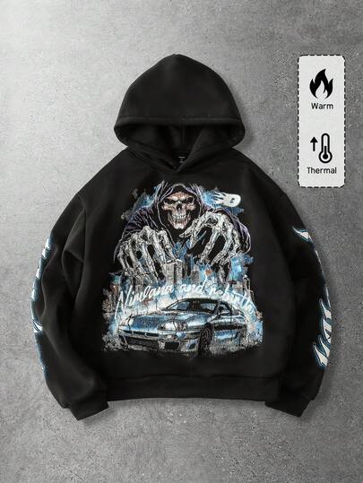 Street Life Sudadera con capucha de corte holgado con estampado gráfico para hombre, estilo callejero retro