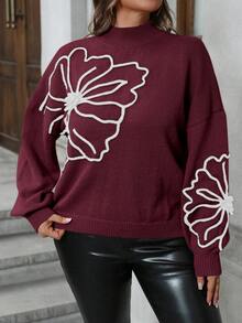 SHEIN Clasi 大码女式大码圆领长袖毛衣，3D 花卉装饰，秋冬 - 紅白色 - 查看 4