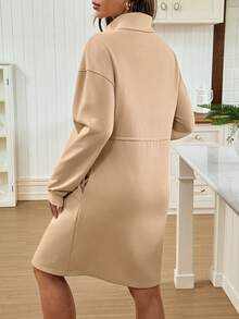 SHEIN Maternity Autumn Simple Solid Color High Neck Drawstring Waist Drop Shoulder Dress - Khaki - View 2