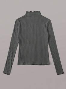 SHEIN EZwear Plus Size Women's Dark Grey Ribbed Knit T-Shirt Ribbed Mock Neck Top Solid Color Tops Fall - Dark Grey - View 2