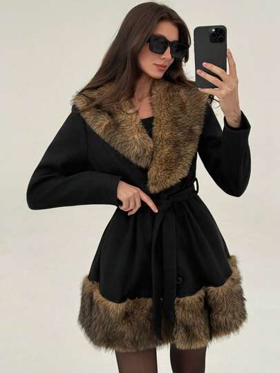 Aloruh Chaqueta regular de mujer de línea A de longitud media con cuello de piel de contraste negro, moderna para exteriores, nueva para otoño/invierno