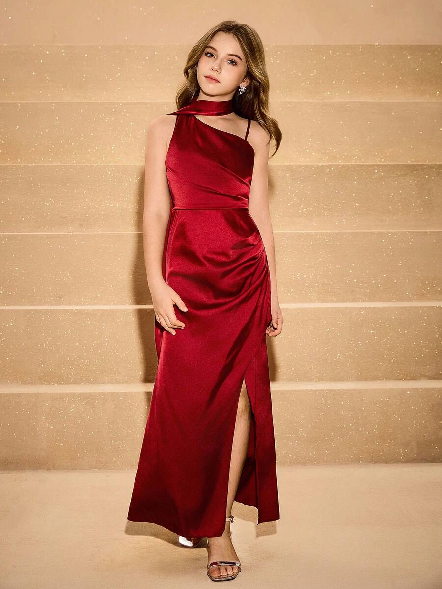 Váy xẻ tà hở lưng thanh lịch dành cho bé gái, thích hợp cho đám cưới, tiệc tối, sinh nhật, giáng sinh, halloween, trở lại trường, tốt nghiệp - Màu Đỏ Sâu - Xem 1