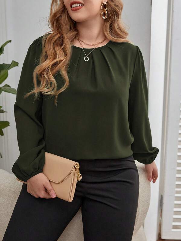 SHEIN Clasi Plus Size Women's Solid Color Round Neck Lantern Sleeve Casual Pleated Shirt