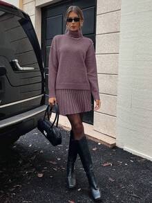 SHEIN Clasi 女式纯色简约长袖高领毛衣和裙子两件套，日常穿着 - 紫羅蘭色 - 查看 7