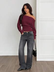 SHEIN PETITE Maglione oversize beige con fiori asimmetrico sulla spalla, romantico e morbido, adatto per l'autunno/inverno