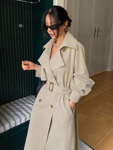 DAZY Women Solid Color Front Button Long Sleeve Casual Trench Coat Women Jacket, Fall Women Clothes Modest Fashion - Khaki - View 6