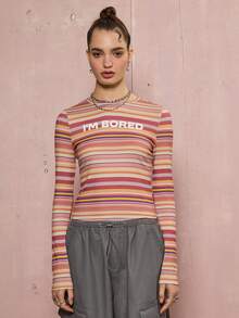 COUREZ Slogan Long Sleeve Stripe Top , Y2K Fall Winter For Women Going Out Tops Graphic T-Shirt Casual Multicolor Striped Top