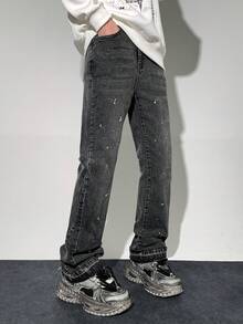 SHEIN Bolty Teen Boy Fashion Casual Y2k Vintage Cool Street Lacquer Dots Black Denim Stretch Tight Slightly Flared Jeans For Teen Boy Clothes Teen Boy Dailywear And Teen Boy Winter And Fall Rave Outfits Festival And Outfits Streetwear Clothes - Black - View 4