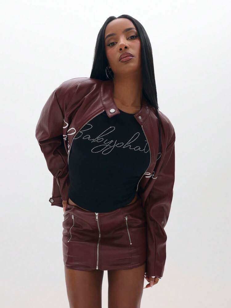 BABYPHAT Mini Faux Leather Skirt With Embroidered Script Detail For Fall Winter