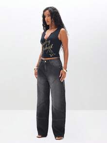 BABYPHAT Notch Neck Tank Top With Cat Print Message Text Design - Black - View 4