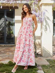 KARISMINA 女士假期風格花卉印花細肩帶吊帶裙 - 粉色 - 查看 4