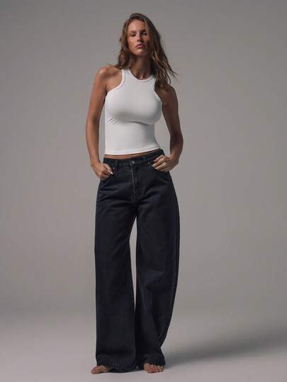 MUSERA Jeans in denim a vita media, vestibilità ampia, lavaggio nero con dettagli in argento, vita media, casual, adatti per l'inverno, le uscite serali, il ritorno a scuola, l'ufficio, gli appuntamenti, il look denim chic per la primavera e l'estate