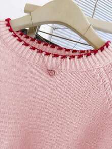 Franclia 休闲宽松圆领长袖针织撞色饰边插肩袖杏色女式套头衫，春秋 - 粉色 - 查看 6