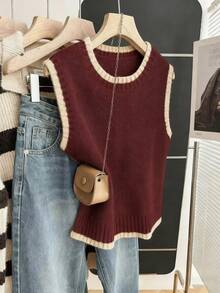 Franclia 女式休闲宽松圆领无袖针织撞色饰边卡其色毛衣上衣，春秋季 - 杏色 - 查看 4