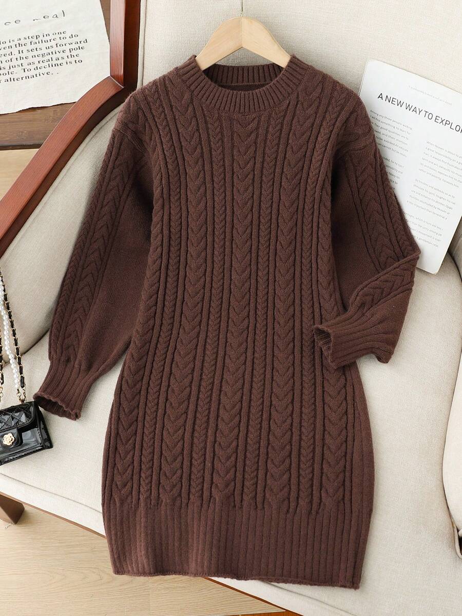 Genkimix Kids Vestido de suéter de punto trenzado para niñas preadolescentes, vestido túnica de cuello redondo de manga larga acogedor, elegante y de moda para vacaciones, suéter marrón de otoño/invierno para niñas de 4 años, vestido marrón de manga larga para niñas, vestidos para niñas preadolescentes color cacao - Café integral - Ver 1