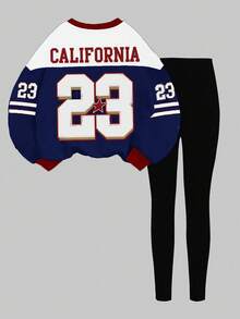 SHEIN Leap Crew 2 件套青少年女孩休闲复古字母和数字徽章图案运动衫和紧身裤套装，学院风，返校，时尚运动服，圆领舒适长袖，适合秋冬季 - 彩色 - 查看 3
