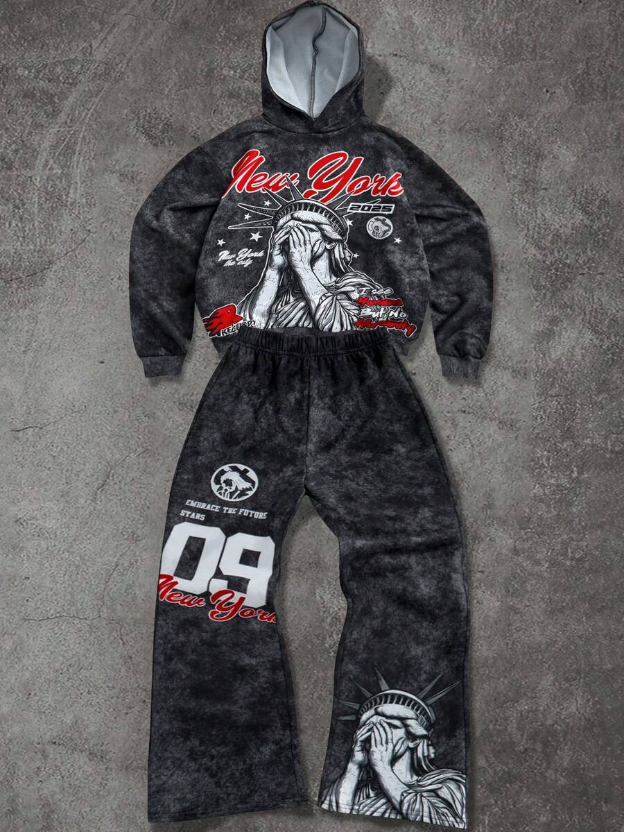 SHEIN Bộ đồ hai mảnh dáng rộng có mũ trùm đầu tay dài dành cho bé trai mùa thu Sản phẩm mới Thường ngày Đơn giản Phong cách ngầu Graffiti Họa tiết ngôi sao vẽ tay Chữ cái tiếng Anh Phong cách thể thao Phong cách đường phố Y2K Bộ đồ hai mảnh phù hợp cho mùa thu và mùa đông - Nhiều màu - Xem 1