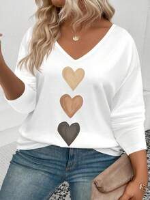 EMERY ROSE Women's V-Neck Cuff Flipped, Best-Selling Ombre Heart Print Casual Versatile Long Sleeve Plus Size T-Shirt