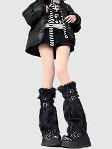 ROMWE Goth 1 Pair Of Velvet Warm Black Pantyhose + 1 Pair Of Black Plush Socks, Y2K Style Solid Color Bottom Socks, Socks Cover Stacking Combination Set, Elastic Versatile And Tight Combination Set - Multicolor - View 4