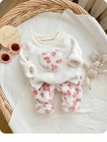 SHEIN 新生女婴可爱休闲卡通印花长袖运动衫和裤子套装