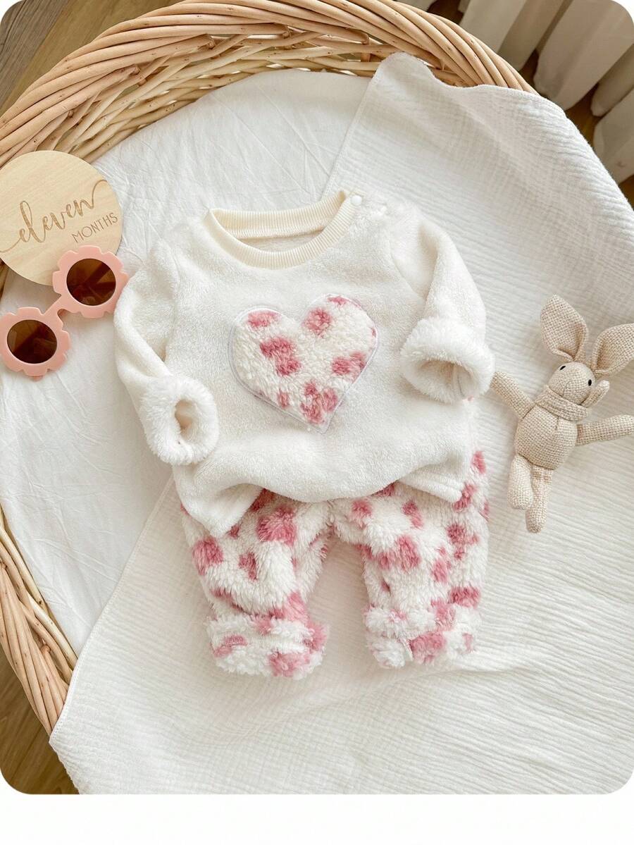 SHEIN 新生女婴可爱休闲卡通印花长袖运动衫和裤子套装