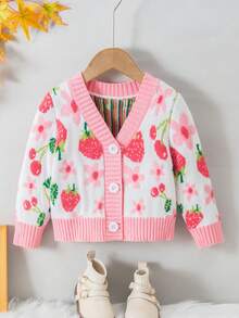 SHEIN Infant/Toddler Girls' Strawberry Print Knit Cardigan Autumn Winter Clothes ForGirln - Multicolor - View 2