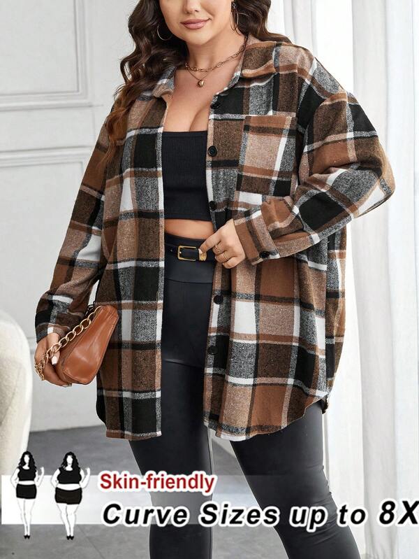 SHEIN CURVE+ Plus Size Women Plaid Print Drop Shoulder Pocket Applique Shirt